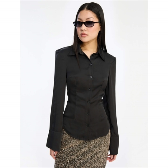 Rotate Satin Fitted Skjorte, Sort